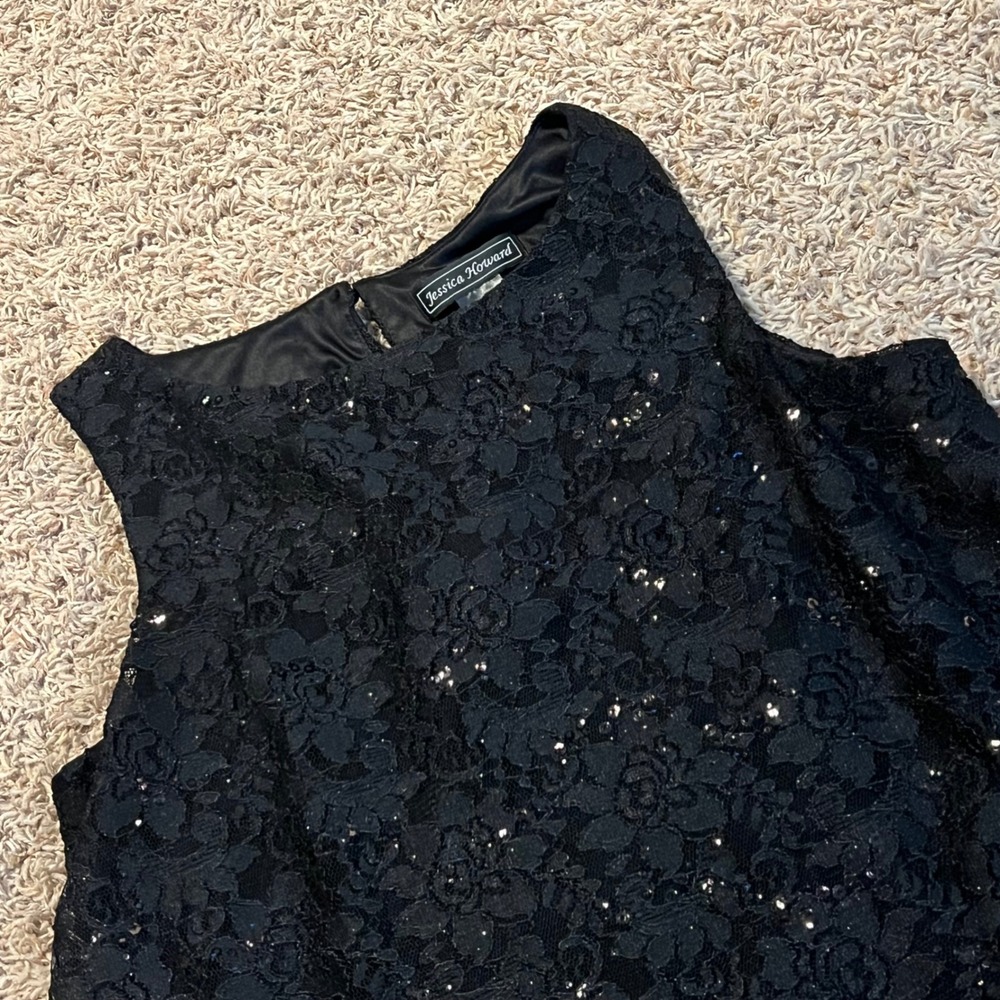 Jessica Howard Black Lace‎ Sequin Popover Dress Petite 12P Sleeveless Cocktail